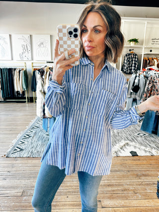 Denim Striped Button Up-Tops Casual-VerClare Boutique