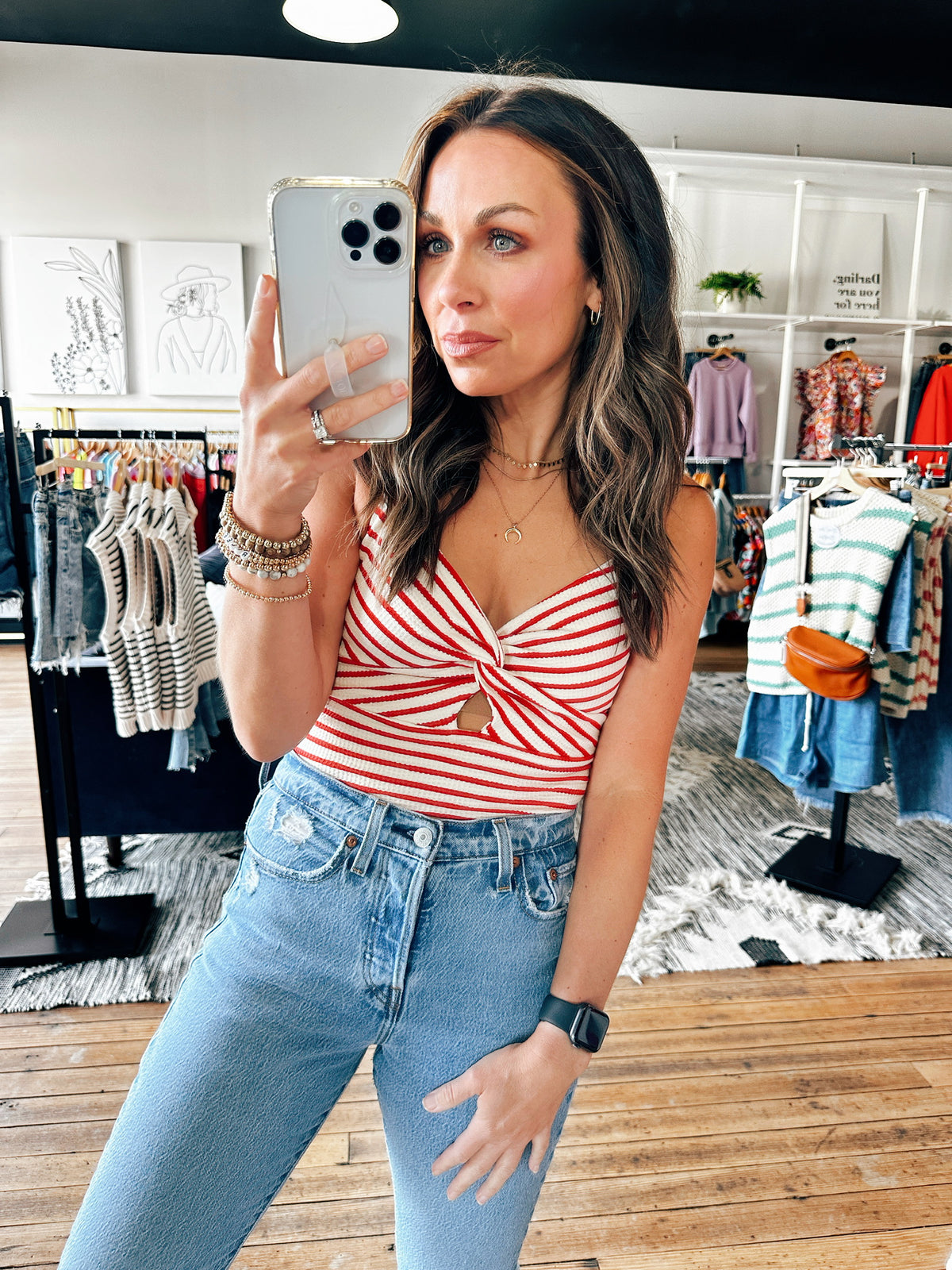 Red Freedom Striped Bodysuit-Tops Casual-VerClare Boutique