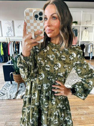Olive Floral Ruffle Long Sleeve Dress-Dresses & RompersOlive Floral Ruffle Long Sleeve Dress | VerClare Boutique | Chenoa, IL-Women's Ruffle Dress | Olive Floral Ruffle Long Sleeve Dress | Sizes: S, M, L | Free US shipping on all eligible orders. Located in Chenoa, Illinois -VerClare Boutique