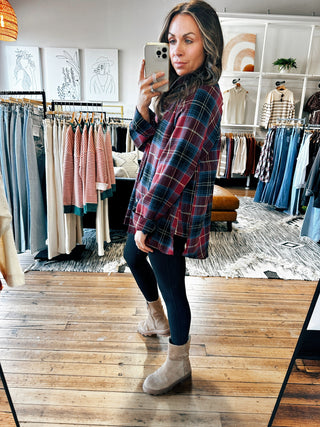 Side View. Katie Flannel-Red-Tops Casual-VerClare Boutique