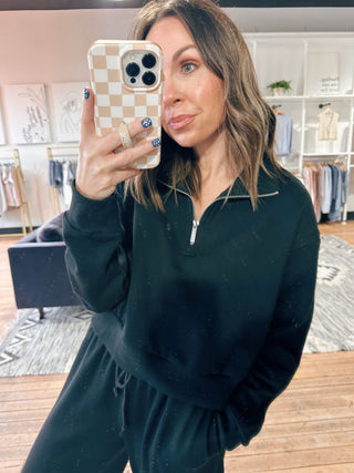 Z Supply-Downtown Half Zip Sweatshirt - Black-Jackets & KimonosZ Supply Downtown Half Zip Sweatshirt – Black | VerClare Boutique | Chenoa, IL-Z Supply Downtown half zip sweatshirt in black with a relaxed, cozy fit. Easy everyday layering piece with a sporty, elevated feel. Free US shipping from VerClare Boutique.-VerClare Boutique