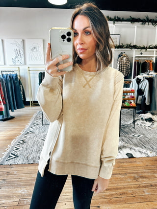 Beige View. Acid Washed Loose Fit Sweatshirt-2 Colors-Jackets & Kimonos-VerClare Boutique