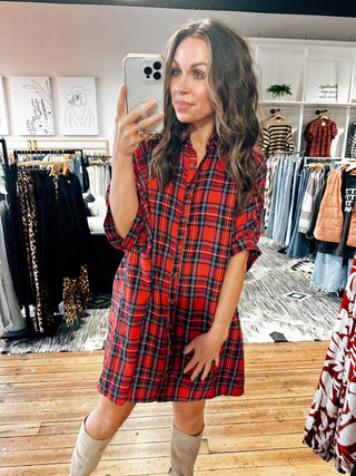 Red View. Leslie Plaid Shirt Dress-2 Colors-Dresses & Rompers-VerClare Boutique