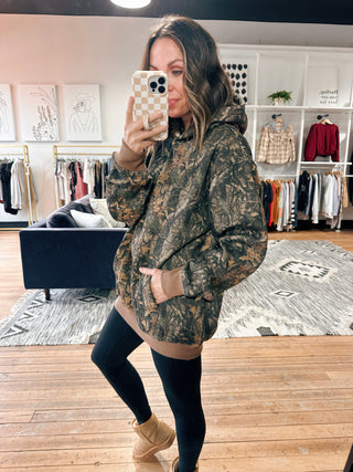 Bayou Camo Fleece Hoodie-Jackets & KimonosWomen's Hoodie | VerClare Boutique-Bayou Camo Fleece Hoodie: Sizes: S - L. Color: Dark Camo. Fabric: 55% Cotton 45% Polyester. Free Shipping on $100+ orders with VerClare Boutique in Chenoa, IL. -VerClare Boutique