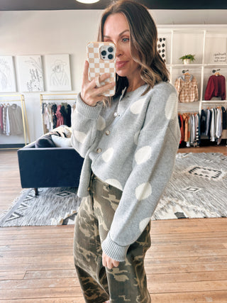 Erysa Polka Dot Cardigan-SweatersErysa Polka Dot Cardigan – Grey & Cream | VerClare Boutique-Soft grey polka dot button-front cardigan with a relaxed fit and cozy knit texture. Cute, playful, and easy to style. Free US shipping from VerClare Boutique.-VerClare Boutique