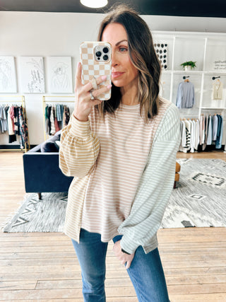Belle Stripe Soft Brushed Top - Blush Combo-Tops Basic SolidBelle Stripe Soft Brushed Top – Denim Blue Combo | VerClare Boutique | Chenoa, IL-Soft brushed striped top in a denim blue combo with a relaxed, cozy feel. Easy everyday layering piece with timeless style. Free US shipping from VerClare Boutique.-VerClare Boutique