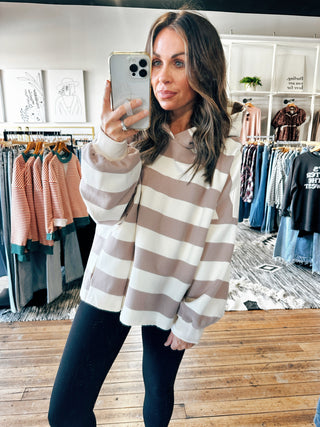 Taupe Cream View. Rachel Comfy Striped Hoodie-2 Colors-Jackets & Kimonos-VerClare Boutique