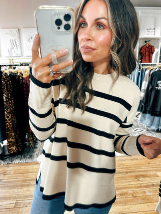 Almond Stripe Side Slit Sweater-Sweaters-VerClare Boutique