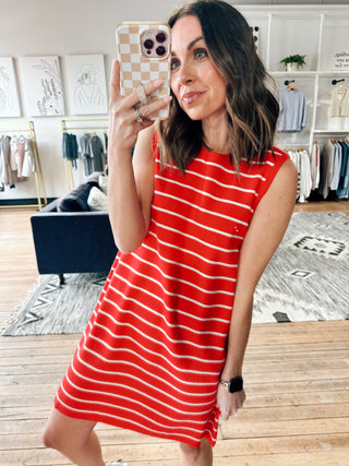 Michelle Striped Mini Sweater Dress - Poppy/Off White-Dresses & RompersMichelle Striped Mini Sweater Dress - Poppy/Off White | VerClare Boutique | Chenoa, IL-VerClare Boutique