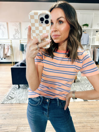 Kristin Multi-Striped Knit Tee - Melon Combo-Tops Basic SolidKristin Multi-Striped Knit Tee - Melon Combo | VerClare Boutique | Chenoa, IL-VerClare Boutique