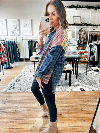 Side View. Neely Multi Color Plaid Shirt-Tops Casual-VerClare Boutique