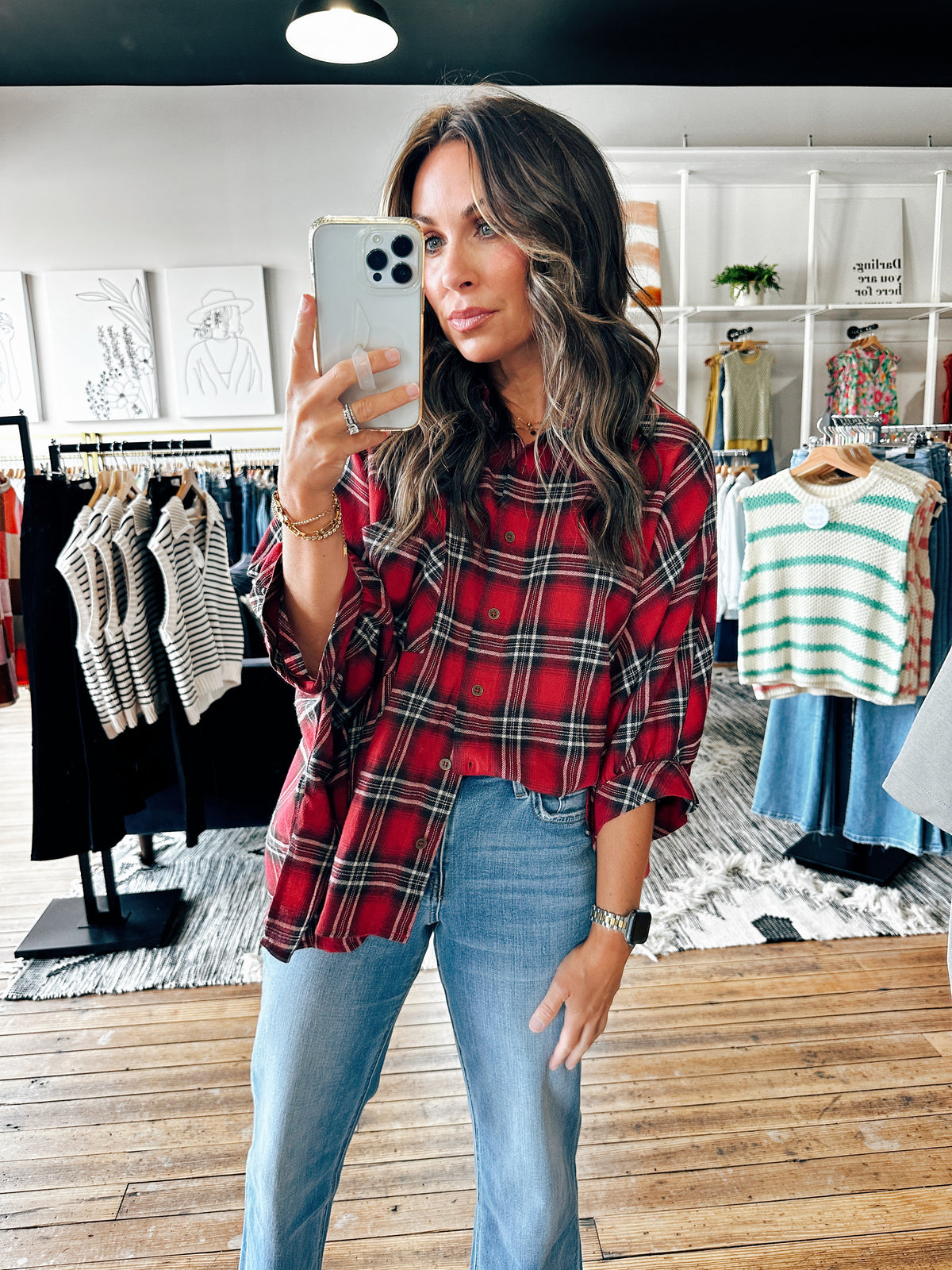 Red View. Fall Leaves Plaid Top-2 Colors-Tops Casual-VerClare Boutique