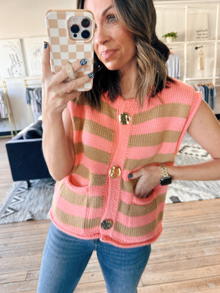 Elodie Striped Knit Sweater - Peach/Mocha-SweatersElodie Striped Knit Sweater – Peach/Mocha | VerClare Boutique | Chenoa, IL-Shop the Elodie Striped Knit Sweater in peach and mocha at VerClare Boutique. A cozy, lightweight knit with soft stripes—perfect for effortless everyday layering.-VerClare Boutique