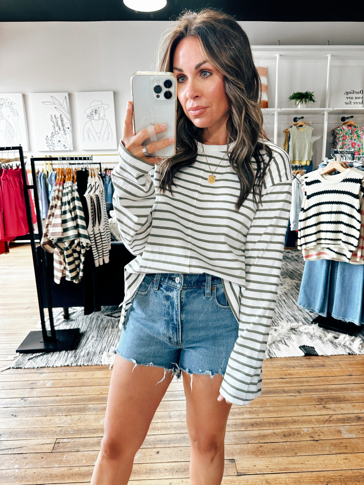 Ivory Olive View. Brynn Striped Knit Basic-2 Colors-Tops Basic Print-VerClare Boutique