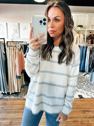 Front View. Ivory/Denim Stripe Sweater-VerClare Boutique