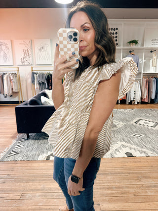 Selma Ruffle Sleeve Striped Top - Brown-Tops CasualSelma Ruffle Sleeve Striped Top – Brown | VerClare Boutique | Chenoa, IL-Shop the Selma Ruffle Sleeve Striped Top in brown at VerClare Boutique. A feminine striped top with ruffle sleeves and a flattering, easy-to-wear silhouette.-VerClare Boutique