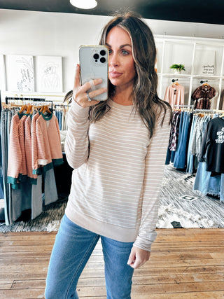 Front View. Latte Stripe Long Sleeve-Tops Basic Print-VerClare Boutique