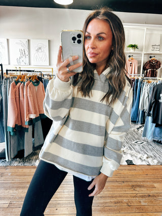 Grey Cream View. Rachel Comfy Striped Hoodie-2 Colors-Jackets & Kimonos-VerClare Boutique