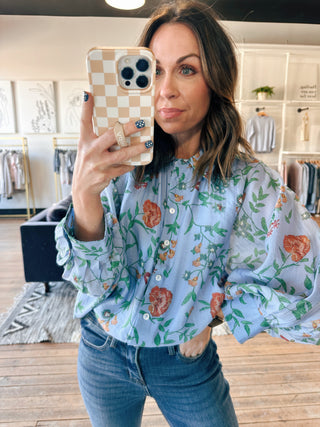 Melissa Floral Long Sleeve Blouse - 2 Colors-Tops CasualMelissa Floral Long Sleeve Blouse – 2 Colors | VerClare Boutique | Chenoa, IL-Shop the Melissa Floral Long Sleeve Blouse in ecru and blue at VerClare Boutique. A soft, feminine floral blouse with an easy fit—perfect for everyday wear and layering.-VerClare Boutique