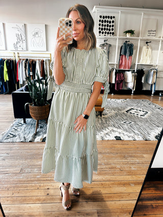 Olive Striped Tie-Sleeve Maxi Dress with Pockets-Dresses & RompersOlive Striped Tie-Sleeve Maxi Dress with Pockets | VerClare Boutique-Women's Maxi Dress | Olive Striped Tie-Sleeve Maxi Dress with Pockets | Sizes: S, M, L | Free US shipping on all eligible orders. Chenoa, Illinois-VerClare Boutique