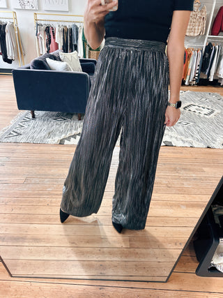 Galira Metallic Pleated Relaxed Pants - Black-BottomsWomen's Dress Pants | VerClare Boutique-Galira Metallic Pleated Relaxed Pant: Sizes: XS - XL. Color: Black. Fabric: 100% Polyester. Free Shipping on $100+ orders with VerClare Boutique in Chenoa, IL. -VerClare Boutique