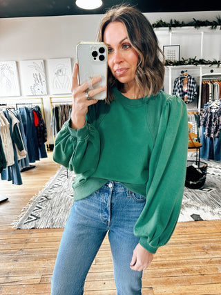 Forest Green Puff Shoulder Sweatshirt-Jackets & Kimonos-VerClare Boutique