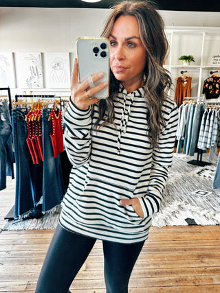 Ivory View. Stripe Kangaroo Hoodie-2 Colors-Tops Basic Stripe-VerClare Boutique