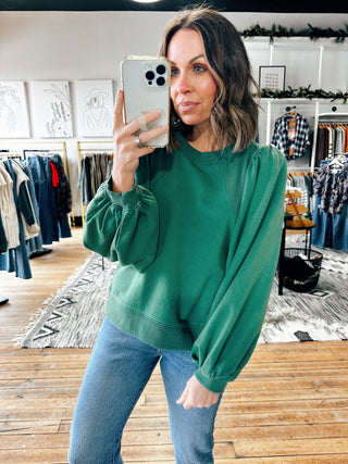 Forest Green Puff Shoulder Sweatshirt-Jackets & Kimonos-VerClare Boutique