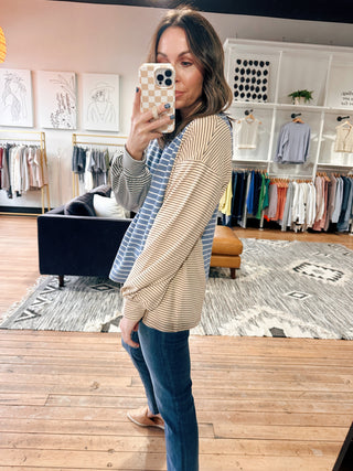 Belle Stripe Soft Brushed Top - Denim Blue Combo-Tops Basic SolidBelle Stripe Soft Brushed Top – Denim Blue Combo | VerClare Boutique | Chenoa, IL-Soft brushed striped top in a denim blue combo with a relaxed, cozy feel. Easy everyday layering piece with timeless style. Free US shipping from VerClare Boutique.-VerClare Boutique