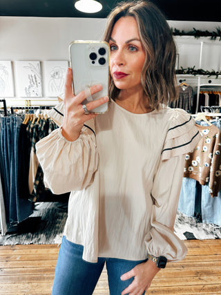 Valerie Taupe Ruffle Sleeve Blouse-Tops Casual-VerClare Boutique