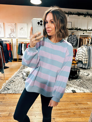 Lilac Blue View. Lilac French Terry Pullover-Tops Basic Print-VerClare Boutique