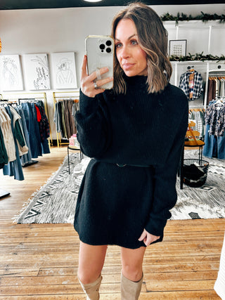 Noir Mock Neck Sweater Mini Dress-Dresses & Rompers-VerClare Boutique