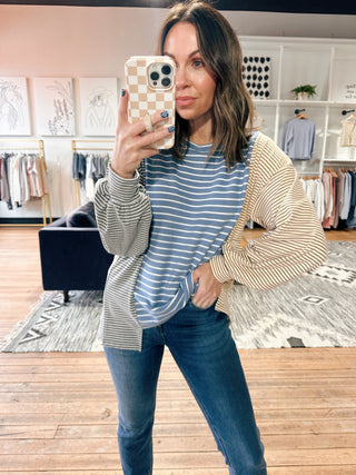 Belle Stripe Soft Brushed Top - Denim Blue Combo-Tops Basic SolidBelle Stripe Soft Brushed Top – Denim Blue Combo | VerClare Boutique | Chenoa, IL-Soft brushed striped top in a denim blue combo with a relaxed, cozy feel. Easy everyday layering piece with timeless style. Free US shipping from VerClare Boutique.-VerClare Boutique