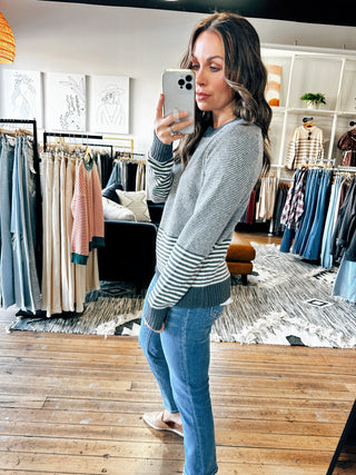 Side View. Charcoal Multi Stripe Sweater-VerClare Boutique