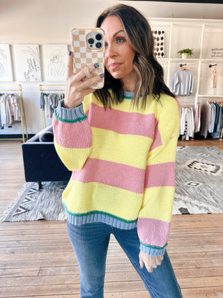 Darcy Spring Sunrise Sweater - Pink-SweatersDarcy Spring Sunrise Sweater – Pink | VerClare Boutique | Chenoa, IL-Shop the Darcy Spring Sunrise Sweater in pink at VerClare Boutique. A soft, cheerful knit with bright spring vibes, perfect for everyday layering and easy styling.-VerClare Boutique