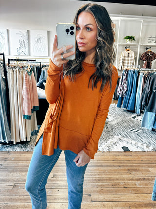 Rust View. Two Pocket Knit Pullover-5 Colors-Tops Basic Solid-VerClare Boutique