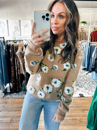 Front View. Floral Pullover Sweater- Mocha-Sweaters-VerClare Boutique