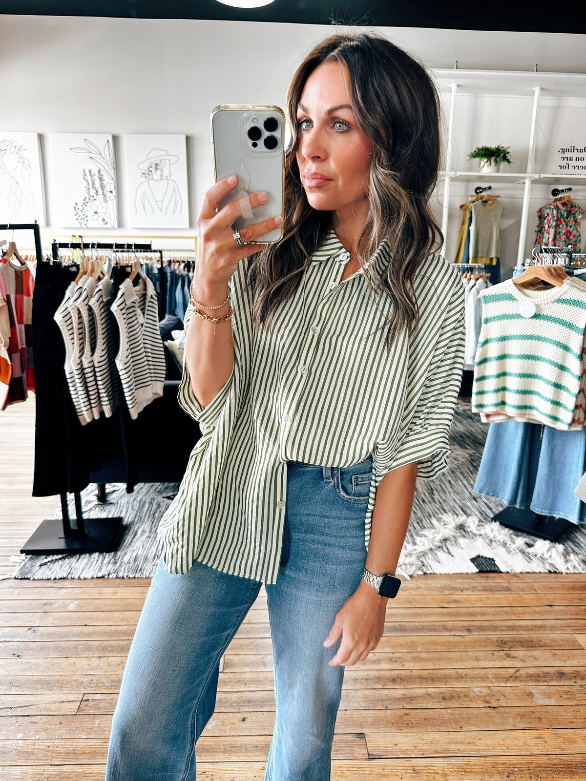 Front View. Olive Stripe Boxy Blouse-Tops Casual-VerClare Boutique