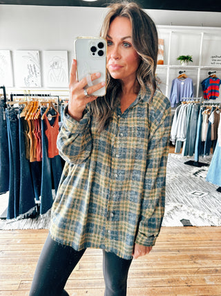 Front View. Blue/Mustard Plaid Button Down-Tops casual-VerClare Boutique