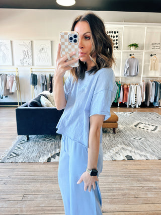 Everyday Pocket Tee - Barcelona Blue-Tops Basic SolidHarper Two Piece Set-Blush | VerClare Boutique | Chenoa, IL-Women's Blush Lounge Set. Available in sizes: S, M, L. 60% Cotton, 40% Polyester. Free US shipping on all eligible orders. Located in Chenoa, Illinois.-VerClare Boutique