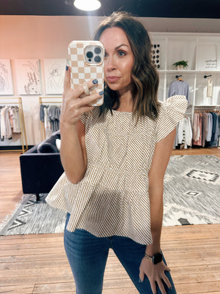Selma Ruffle Sleeve Striped Top - Brown-Tops CasualSelma Ruffle Sleeve Striped Top – Brown | VerClare Boutique | Chenoa, IL-Shop the Selma Ruffle Sleeve Striped Top in brown at VerClare Boutique. A feminine striped top with ruffle sleeves and a flattering, easy-to-wear silhouette.-VerClare Boutique