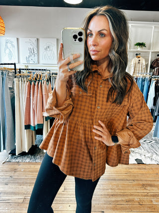 Front View. Plaid Peplum Button Up-Tops Casual-VerClare Boutique