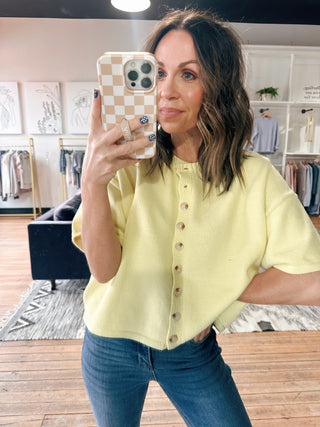 Lana Button-up Sweater Top - Lemon-Tops Basic SolidLana Button-Up Sweater Top – Lemon | VerClare Boutique | Chenoa, IL-The Lana Button-Up Sweater Top in lemon features a soft knit feel, relaxed fit, and classic button-front design for easy, everyday styling.-VerClare Boutique