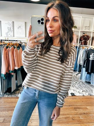 Mocha View. Triple Stripe Cuffed Long Sleeve-3 Colors-Tops Basic Print-VerClare Boutique