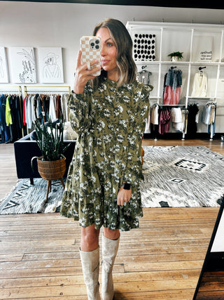 Olive Floral Ruffle Long Sleeve Dress-Dresses & RompersOlive Floral Ruffle Long Sleeve Dress | VerClare Boutique | Chenoa, IL-Women's Ruffle Dress | Olive Floral Ruffle Long Sleeve Dress | Sizes: S, M, L | Free US shipping on all eligible orders. Located in Chenoa, Illinois -VerClare Boutique