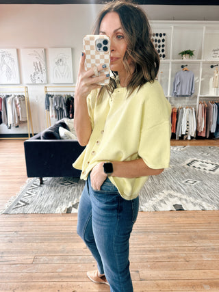 Lana Button-up Sweater Top - Lemon-Tops Basic SolidLana Button-Up Sweater Top – Lemon | VerClare Boutique | Chenoa, IL-The Lana Button-Up Sweater Top in lemon features a soft knit feel, relaxed fit, and classic button-front design for easy, everyday styling.-VerClare Boutique