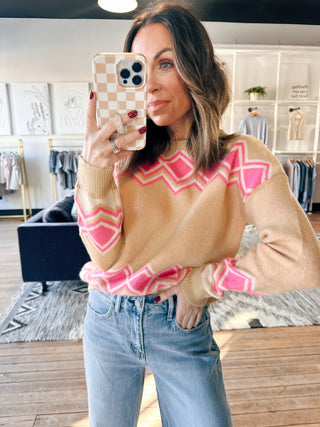 THML-Adeline Diamond Stripe Sweater-SweatersAdeline Diamond Stripe Sweater | VerClare Boutique-Camel sweater with bold pink diamond stripe detailing. Soft, cozy, and relaxed for everyday wear. Free US shipping from VerClare Boutique.-VerClare Boutique