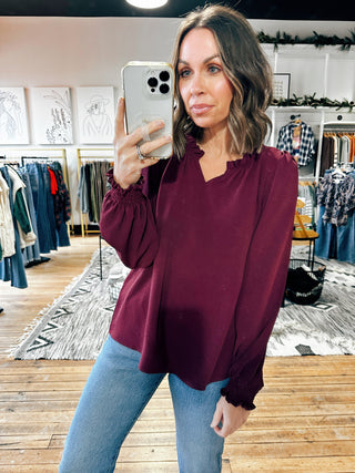 Sienna Ruffled V Neck Smocked Sleeve Blouse - 4 Colors-Tops Casual-VerClare Boutique