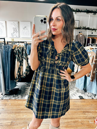 Navy View. Plaid Puff Sleeve Dress-2 Colors-Dresses & Rompers-VerClare Boutique