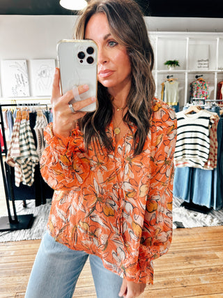 Dusty Orange Floral Blouse-Tops Casual-VerClare Boutique